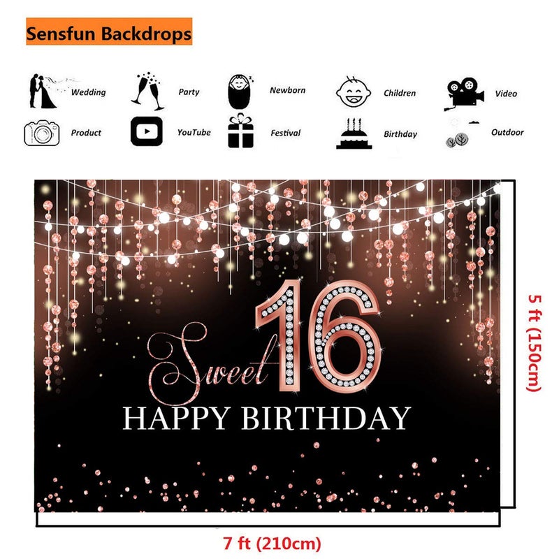 Sensfun Sweet 16 Birthday Party Backdrop Rose Gold Shiny Glitter Dots Diamond Princess Sweet Sixteen Photography Background for Girls Happy 16th Birthday Decorations Banner Photo Booth Backdrops 7x5ft - Image 4